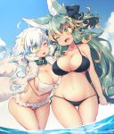  2girls ;d animal_ears bikini black_bikini blue_hair blue_sky breasts cloud collar commentary_request day fang frilled_bikini frills green_collar green_eyes green_hair kuromiya kuromiya_raika large_breasts long_hair looking_at_another multicolored_hair multiple_girls navel ocean one_eye_closed orange_hair original shiromiya_asuka sky smile standing swimsuit tail twitter_username two-tone_hair white_hair 