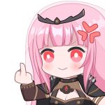  1girl anger_vein black_cloak black_dress breasts bright_pupils cleavage cloak dress hololive hololive_english long_hair middle_finger mori_calliope mori_calliope_(1st_costume) pink_eyes pink_hair smile solo spikes tiara veil virtual_youtuber white_pupils zephylyne 