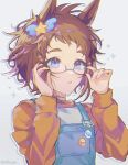  1girl adjusting_eyewear bespectacled biko_pegasus_(umamusume) blue_eyes brown_hair fxtsr glasses hair_ornament hands_up long_sleeves orange_shirt overalls parted_lips semi-rimless_eyewear shirt short_hair solo sparkle twitter_username umamusume upper_body 