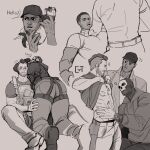  3boys ? ?? abs absurdres animal arm_tattoo ass bara bare_pectorals baseball_cap blush bulletproof_vest call_of_duty call_of_duty:_modern_warfare_2 closed_eyes closed_mouth clothes_lift dark-skinned_male dark_skin english_text facial_hair gaz_(call_of_duty_4) ghost_(modern_warfare_2) hat heart highres hood hood_down hoodie large_pectorals looking_at_another male_focus mask multiple_boys muscular muscular_male navel nipples pants pectorals shirt shirt_lift short_hair sidecut skull_mask smile soap_(modern_warfare_2) sundaycat3 tattoo yaoi 