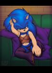  absurd_res anthro blue_body breasts clothed clothing green_eyes hi_res legwear lingerie looking_at_viewer nowykowski7 sega solo sonic_the_hedgehog_(series) spread_legs spreading underwear yellow_body 