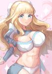  1girl armor bandeau blonde_hair blue_eyes bow breasts charlotte_(fire_emblem) commentary fire_emblem fire_emblem_fates hair_bow heart highres large_breasts long_hair looking_at_viewer midriff navel parted_lips pink_background shoulder_armor sketch solo stomach upper_body very_long_hair white_bow youhei_choregi 