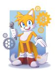  2022 3:4 anthro blue_eyes canid canine clothing dipstick_tail footwear fox fur gloves h_huniii handwear hi_res male mammal markings miles_prower mostly_nude open_mouth open_smile sega shoes signature smile solo sonic_the_hedgehog_(series) tail tail_markings tools white_body white_fur wrench yellow_body yellow_fur 