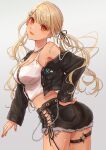  1girl ass black_jacket black_pants black_ribbon blonde_hair blunt_bangs breasts cleavage cropped_jacket cross-laced_pants ear_piercing earrings fur_trim grey_background gyaru hair_ornament hair_ribbon highres jacket jewelry kaminari_qpi large_breasts long_hair looking_at_viewer miya_(_32miya107) off_shoulder orange_eyes pants piercing ribbon shorts side_slit side_slit_shorts sidelocks simple_background solo spiked_necklace tank_top thigh_strap twintails virtual_youtuber vspo! white_tank_top x_hair_ornament 