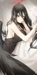  1girl black_dress black_hair black_wings blue_archive breasts closed_mouth dress feathered_wings hair_between_eyes halo haruri hasumi_(blue_archive) highres holding large_breasts long_hair red_eyes red_halo smile solo wings 