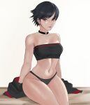  1girl artist_name black_choker black_hair black_panties black_tube_top boruto:_two_blue_vortex breasts choker earrings glasses grey_eyes highres jewelry looking_at_viewer naruto_(series) navel panties short_hair simple_background sitting small_breasts solo strapless tube_top twitter_username uchiha_sarada uchihaniray underwear watermark web_address white_background 