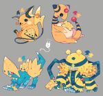  ^_^ ampharos black_eyes blue_eyes claws closed_eyes closed_mouth commentary_request electivire grey_background grin highres joltik lightning_bolt_symbol looking_at_another looking_back manectric no_humans pokemon pokemon_(creature) pokemon_on_back raichu red_eyes shino_(shinoru_p) simple_background sleeping smile teeth 