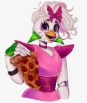  2022 accessory animatronic anthro avian bird blue_eyes bow_ribbon clothing female fingerless_gloves five_nights_at_freddy&#039;s five_nights_at_freddy&#039;s:_security_breach food glamrock_chica_(fnaf) gloves hair hair_accessory hair_bow hair_ribbon handwear hi_res leotard looking_at_viewer machine makeup multicolored_hair pink_clothing pink_leotard pizza priska ribbons robot scottgames signature simple_background steel_wool_studios two_tone_hair white_hair 