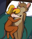  anthro bed blonde_hair brown_body brown_fur butt don_bluth duo embrace female female/female fur furniture genitals hair hi_res hug jhussethy mammal mouse mrs._brisby ms._fieldmouse murid murine nude pillow pussy rodent sleeping sleeping_together smile tail the_secret_of_nimh thumbelina_(movie) 