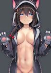  1girl absurdres animal_hands animal_hood blue_eyes braid breasts brown_hair closed_mouth gloves grey_background grey_gloves grey_jacket groin hair_between_eyes hair_flaps highres hood jacket kantai_collection kuromayu large_breasts long_hair long_sleeves looking_at_viewer navel paw_gloves shigure_(kancolle) shigure_kai_ni_(kancolle) simple_background single_braid smile solo upper_body wolf_paws 