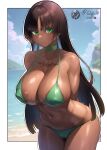  1girl absurdres arms_behind_back ass beach bikini black_hair blue_sky blunt_ends blush border breasts cleavage closed_mouth cloud collarbone commission covered_nipples curvy dark-skinned_female dark_skin day english_commentary felicia_castro green_bikini green_eyes highres long_hair mole mole_under_mouth navel ocean original outdoors pixiv_commission signature sky solo standing stomach swimsuit taut_clothes taut_swimsuit very_long_hair vodeferr wet white_border 