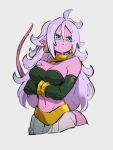 1girl android_21 aqua_eyes bracelet breasts choker cleavage closed_mouth colored_skin crossed_arms dragon_ball dragon_ball_fighterz earrings grey_background hair_between_eyes hoop_earrings jewelry kemachiku long_hair looking_to_the_side majin_android_21 medium_breasts midriff navel pink_skin pointy_ears simple_background solo tail white_hair yellow_choker 