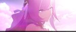  1girl bare_shoulders chinese_commentary closed_mouth cloud cloudy_sky collarbone elysia_(herrscher_of_human:ego)_(honkai_impact) elysia_(honkai_impact) highres honkai_(series) honkai_impact_3rd long_hair looking_at_viewer official_art official_wallpaper outdoors pink_eyes pink_hair pointy_ears sky smile solo sunlight 