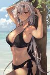  1girl bare_arms bare_legs bare_shoulders beach bikini black_bikini blush breasts cleavage day glasses grey_hair hair_between_eyes highres kantai_collection kasumi_(skchkko) large_breasts long_hair musashi_(kancolle) navel ocean open_mouth outdoors red_eyes semi-rimless_eyewear smile solo swimsuit 