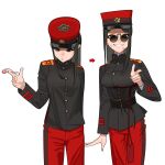  1girl absurdres belt black_hair breasts candy eyewear_on_head food hat highres holding kepi korea lollipop looking_at_viewer military military_hat military_uniform original pants pzkpfwi smile sunglasses tinted_eyewear uniform white_background 