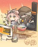  1boy 1girl :o animal_ears arknights black_jacket blush brown_hair cabbie_hat cat_ears cat_girl chopsticks commentary_request eating floppy_ears food goldenglow_(arknights) hat headband highres holding holding_chopsticks jacket lightning_bolt_print morini_ochiteru noodles open_mouth ramen red_(npc)_(arknights) red_eyes scottish_fold table translation_request upper_body white_hair yellow_eyes 