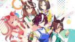  5girls ? agnes_digital_(umamusume) air_groove_(umamusume) alternate_costume animal_ears armband artist_name bare_shoulders bead_bracelet beads blue_choker blue_shirt blush bow bracelet breasts brown_eyes brown_hair choker crossed_arms detached_collar ear_ornament earrings elbow_gloves english_commentary eyepatch facial_tattoo finger_heart fingerless_gloves gloves green_jacket grey_eyes hair_between_eyes hair_over_one_eye highres horse_ears horse_girl jacket jewelry long_hair long_sleeves medium_breasts medium_hair midriff multicolored_background multicolored_hair multiple_girls navel open_clothes open_jacket pink_hair purple_eyes red_bow ryuu_(ryuraconis) shirt short_hair single_earring smile streaked_hair symboli_rudolf_(umamusume) tanino_gimlet_(umamusume) tattoo thumbs_up umamusume umayuru vodka_(umamusume) white_choker white_hair 