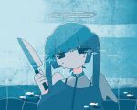  1girl air_bubble black_eyes blue_hair blue_shirt bubble collar dot_mouth fish halo hand_up highres holding holding_knife jitome kitchen_knife knife leash long_hair long_sleeves no_pupils original shirt sidelocks solo sskitaco tile_wall tiles twintails underwater upper_body white_wings wings 