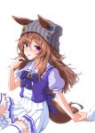  1girl 1other animal_ears blush brown_hair candy commentary_request ears_through_headwear food food_in_mouth frilled_skirt frills grey_headwear hand_up horse_ears horse_girl horse_tail kirimoto_takamitsu lollipop long_hair mouth_hold nakayama_festa_(umamusume) out_of_frame pleated_skirt puffy_short_sleeves puffy_sleeves purple_shirt school_uniform shirt short_sleeves simple_background sitting skirt solo_focus striped striped_headwear tail thighhighs tracen_school_uniform umamusume vertical-striped_headwear vertical_stripes very_long_hair white_background white_skirt white_thighhighs 