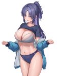  1girl black_shirt blue_archive blue_buruma blue_eyes blue_hair blue_jacket bra breasts buruma cleavage clothes_lift cowboy_shot grey_bra half_updo highres jacket kekko_044 lace-trimmed_bra lace_trim large_breasts long_hair long_sleeves looking_at_viewer navel off_shoulder official_alternate_costume open_clothes open_jacket open_mouth parted_bangs purple_hair shirt shirt_lift short_sleeves simple_background smile solo stomach sweatdrop thighs underwear white_background yuuka_(blue_archive) yuuka_(gym_uniform)_(blue_archive) 