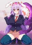  1girl ? ?? absurdres animal_ears black_hair black_jacket blazer blue_thighhighs breasts clothes_lift collared_shirt double_v hand_on_another&#039;s_head highres huge_breasts itou_yuuji jacket loafers long_hair monster necktie no_panties purple_hair pussy rabbit_ears red_eyes red_necktie red_skirt reisen_udongein_inaba shirt shoes skirt skirt_lift squatting thighhighs touhou v white_shirt 