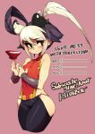  1girl absurdres black_eyes black_hair closed_mouth commentary cup dress english_commentary english_text feng_(skullgirls) highres holding holding_cup multicolored_hair red_background red_dress simple_background skullgirls slugbox solo two-tone_hair white_hair 