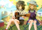  2girls absurdres acoustic_guitar bench black_skirt blonde_hair brown_eyes brown_hair bucket bucket_hat camping closed_eyes grass guitar hat highres instrument lake maribel_hearn mountainous_horizon multiple_girls oil_lamp outdoors purple_shirt shirt shoes skirt smile sneakers summer sun_hat tamagogayu1998 tent touhou umbrella usami_renko white_shirt 