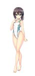  1girl alternate_costume black_hair blue_eyes blush breasts character_request collar collarbone commentary_request competition_swimsuit full_body hair_between_eyes hair_ornament highres hizuki_aki medium_hair one-piece_swimsuit original small_breasts solo standing swimsuit thighs white_background 