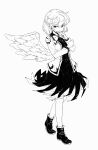  1girl closed_mouth dress feathered_wings full_body greyscale highres jacket kishin_sagume maguro_(mawaru_sushi) monochrome open_clothes open_jacket shoes short_hair simple_background single_wing solo touhou white_background wings 