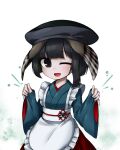  1boy apron black_eyes black_hair black_headwear blue_kimono commentary_request cowboy_shot eye_of_senri frilled_apron frills hakama hands_up hat indie_virtual_youtuber japanese_clothes kimono maid maid_apron male_focus one_eye_closed open_mouth red_hakama short_hair smile solo tabinoki_kanae virtual_youtuber wa_maid websci_3357 white_apron 