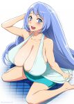  1girl barefoot blue_eyes blush boku_no_hero_academia breasts cleavage commentary_request from_above hadou_nejire hand_in_own_hair highres huge_breasts long_hair looking_at_viewer mattari_yufi open_mouth purple_hair sitting skirt sleeveless smile solo tile_floor tiles very_long_hair wariza white_background 