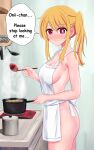  1girl absurdres apron back_bow blonde_hair blush bow breasts closed_mouth collarbone commentary cooking embarrassed english_commentary english_text fingernails food from_side hair_between_eyes hair_ornament hands_up highres holding hoshino_ruby indoors izunomi kitchen long_fingernails long_hair looking_at_viewer medium_breasts naked_apron oshi_no_ko ponytail red_eyes saucepan side_ponytail sidelocks solo soup speech_bubble standing star_(symbol) star_hair_ornament steam symbol-shaped_pupils wall white_apron white_bow 