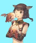  1girl animal_ear_fluff animal_ears artist_name avatar_(ff11) black_hairband blue_hair breasts brown_hair brown_pupils brown_sleeves cactus41747280 cat_ears cat_girl detached_sleeves final_fantasy final_fantasy_xi floating_hair hairband highres holding leech light_blue_hair long_sleeves low_ponytail medium_breasts mithra_(ff11) one_eye_closed open_mouth short_hair solo 
