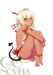  1girl absurdres arm_tattoo bare_arms bare_legs blush dark_skin demon_tail feather_hair_ornament feathers hair_intakes hair_ornament highres hood hood_down hoodie hugging_own_legs leg_tattoo official_art red_eyes rocoroco short_hair simple_background tail tanaka_the_wizard tattoo white_hair 