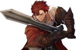  1boy armor black_gloves cape closed_mouth diamant_(fire_emblem) fire_emblem fire_emblem_engage fur_trim furrowed_brow gloves highres holding holding_sword holding_weapon male_focus novembertimex red_eyes red_hair short_hair shoulder_armor solo sword weapon white_background 
