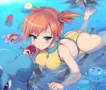  1girl ass azurill bare_arms bare_legs bare_shoulders barefoot blue_eyes blush breasts commentary_request goldeen grin high_side_ponytail highres holding holding_poke_ball kasai_shin lapras looking_at_viewer luvdisc lying medium_breasts misty_(pokemon) on_stomach one-piece_swimsuit open_mouth orange_hair outdoors partially_submerged poke_ball poke_ball_(basic) pokemon pokemon_(anime) pokemon_(classic_anime) pokemon_(creature) revision riding riding_pokemon short_hair side_ponytail smile soles starmie swimming swimsuit togepi water wet yellow_one-piece_swimsuit 