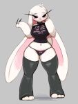  3:4 anthro big_breasts black_eyes breasts carrote_(sweetiesoul) clothed clothing female hi_res lagomorph leporid long_nails looking_at_viewer looking_back looking_back_at_viewer mammal rabbit simple_background solo standing sweetiesoul text white_body 