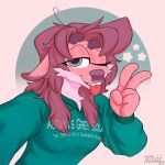  1:1 anthro breasts clothed clothing deer digital_media_(artwork) female friend fur hair headshot_portrait hi_res lagomorph leporid looking_at_viewer ltzodd mammal open_mouth pink portrait rabbit simple_background smile solo teeth the tongue 