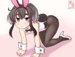  1girl all_fours animal_ears bare_shoulders black_hair black_pantyhose blush bow bowtie brown_eyes covered_navel detached_collar fake_animal_ears gradient_background high_heels kanon_(kurogane_knights) kantai_collection leotard looking_at_viewer one-hour_drawing_challenge pantyhose pink_background playboy_bunny rabbit_ears rabbit_tail shadow short_hair short_hair_with_long_locks solo strapless strapless_leotard tail tokitsukaze_(kancolle) traditional_bowtie white_footwear white_leotard wrist_cuffs 