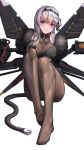  1girl absurdres armor bandaged_head bandages black_gloves bodysuit boots breasts cleavage feet fingerless_gloves full_body gloves goddess_of_victory:_nikke grey_hair hair_ribbon highres lips long_hair looking_at_viewer mecha_musume modernia_(nikke) red_eyes ribbon see-through_cleavage shoulder_armor simple_background sitting skin_tight smile solo white_background yamauchi_(conan-comy) 