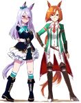  2girls 2others animal_ears black_footwear black_jacket boots bow bowtie creature_and_personification cross-laced_footwear ear_ribbon fantomyu full_body green_bow green_bowtie green_jacket green_ribbon horse_ears horse_girl horse_tail ikuno_dictus_(umamusume) jacket lace-up_boots long_hair looking_at_another looking_at_viewer mejiro_mcqueen_(umamusume) multicolored_hair multiple_girls multiple_others necktie orange_hair pants purple_eyes purple_hair red_necktie ribbon round_eyewear simple_background streaked_hair swept_bangs tail thigh_boots umamusume white_background white_hair white_pants yellow_eyes 