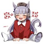  1girl animal_ears blunt_bangs bow ear_bow facing_viewer gold_ship_(umamusume) grey_hair highres horse_ears horse_girl horse_tail long_hair mare_ma open_mouth pillbox_hat simple_background sitting smile smock solo tail umamusume umamusume:_peace_peace_cepea_cepea_golshi-chan wariza white_background white_footwear 