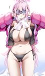  1girl absurdres bikini black_bikini blue_archive blush breasts cleavage closed_mouth commentary eimi_(blue_archive) eimi_(swimsuit)_(blue_archive) goggles groin halo highres jacket large_breasts long_hair long_sleeves midriff navel official_alternate_costume pink_hair pink_jacket ponytail sideboob sidelocks solo sstthei stomach swimsuit upper_body very_long_hair white_background 