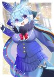  1girl :d animal_ear_fluff animal_ears arm_up black_gloves blazer blue_hair blue_jacket blue_skirt blurry blurry_background bow breasts commentary_request commission depth_of_field eyebrows_hidden_by_hair fangs fingerless_gloves furry furry_female gloves hair_between_eyes jacket kou_hiyoyo large_breasts long_sleeves looking_at_viewer original pleated_skirt purple_eyes red_bow school_uniform shirt short_eyebrows skeb_commission skirt smile solo star_(symbol) thick_eyebrows white_shirt 