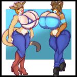  absurd_res anthro belt big_breasts bikini boots bottomwear breasts brown_body cervine clothed clothing cougar cowboy_hat curvy_figure dakota_hamilton_(lildredre) deer denim denim_clothing digital_media_(artwork) duo eyeshadow felid feline female fingers footwear fur hair hat headgear headwear hi_res high_heeled_shoes high_heels huge_breasts hyper jeans legwear lips looking_at_viewer makeup mammal midriff navel pants pigtails pillowymounds shoes shoulderless_topwear simple_background smile solo swimwear taylor_dallas_(lildredre) texas texas_flag texas_flag_bikini thick_lips thick_thighs topwear voluptuous wide_hips 