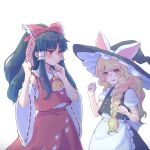  2girls animal_ears apron ascot black_hair black_skirt black_vest blonde_hair blush bow braid clenched_hands closed_mouth commentary detached_sleeves eye_contact frilled_bow frilled_hair_tubes frills hair_bow hair_tubes hakurei_reimu hand_on_own_chin hat hat_with_ears karioda kirisame_marisa long_hair looking_at_another multiple_girls open_mouth paw_print paw_print_pattern rabbit_ears red_bow red_eyes red_skirt ribbon-trimmed_sleeves ribbon_trim short_sleeves side_braid simple_background single_braid skirt skirt_set smile talisman touhou vest waist_apron white_background witch_hat yellow_ascot 