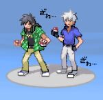  2boys akagi:_yami_ni_oritatta_tensai akagi_shigeru belt black_belt black_eyes black_gloves black_hair black_shirt blue_background closed_mouth commentary_request full_body gloves green_shirt grey_hair grey_pants holding holding_poke_ball inudori itou_kaiji kaiji long_hair looking_at_viewer male_focus medium_bangs multiple_boys open_clothes open_shirt pants parody pixel_art plaid plaid_shirt poke_ball pokemon pokemon_(game) pokemon_battle pokemon_frlg shirt shoes short_hair short_sleeves smile sneakers standing undershirt white_footwear yellow_pants zawa_(onomatopoeia) 