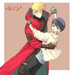  1boy 1girl black_gloves blonde_hair coat couple earrings fingerless_gloves gloves happy hetero holding_hands jacket jewelry meryl_stryfe red_coat sbs shorts smile sunglasses trigun trigun_stampede vash_the_stampede white_jacket 