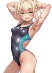  1girl armpits black_one-piece_swimsuit blonde_hair breasts competition_swimsuit cowboy_shot double_bun eyebrows_hidden_by_hair green_eyes hair_bun highres kaburaki_roco medium_hair nijisanji one-piece_swimsuit presenting_armpit shoshika8888888 simple_background small_breasts smile solo swimsuit two-tone_swimsuit virtual_youtuber white_background 