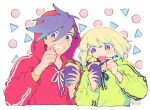  2boys alternate_costume blonde_hair blue_eyes blue_hair blush circle clenched_teeth earrings eating food galo_thymos green_hoodie highres holding holding_food holding_spoon hood hoodie ice_cream jewelry kome_1022 lio_fotia male_focus matching_outfits multiple_boys open_mouth otoko_no_ko promare purple_eyes red_hoodie red_pupils short_hair smile spoon teeth thumbs_up triangle triangle_earrings white_background 
